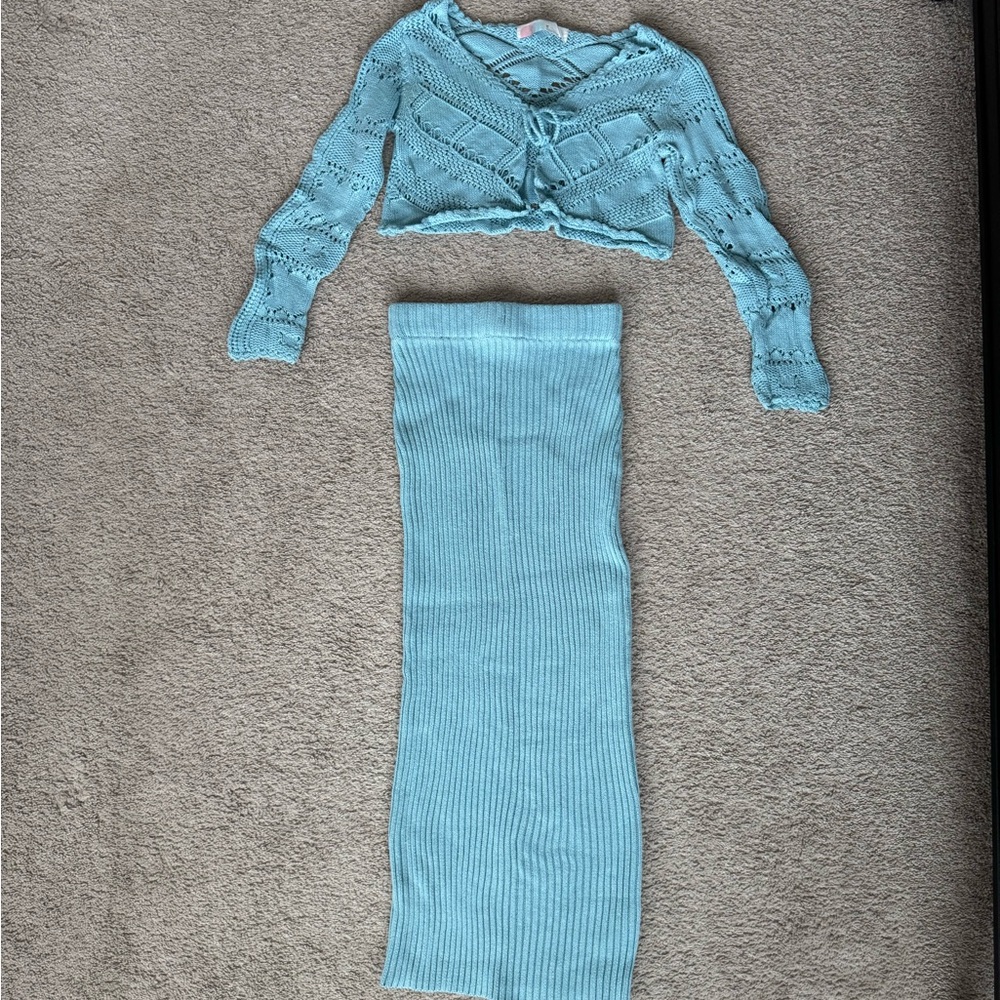FP Beach Knit Light Blue Midi Skirt Set Size: XS